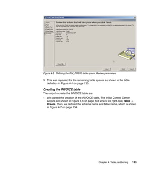 Figure 4-5 Defining the INV_PRE00 table space: Review parameters

3. This was repeated for the remaining table spaces as shown in the table
   definition in Figure 4-1 on page 130.

Creating the INVOICE table
The steps to create the INVOICE table are:
1. We started the creation of the INVOICE table. The initial Control Center
   actions are shown in Figure 4-6 on page 134 where we right-click Table →
   Create. Then, we defined the schema name and table name, which is shown
   in Figure 4-7 on page 134.




                                                Chapter 4. Table partitioning   133
 