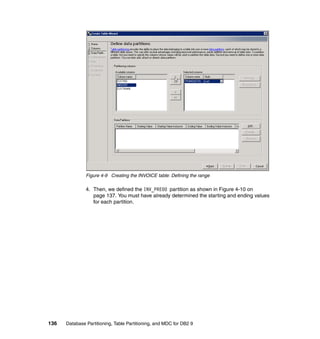 Figure 4-9 Creating the INVOICE table: Defining the range

               4. Then, we defined the INV_PRE00 partition as shown in Figure 4-10 on
                  page 137. You must have already determined the starting and ending values
                  for each partition.




136   Database Partitioning, Table Partitioning, and MDC for DB2 9
 