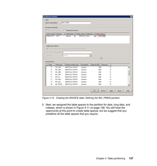 Figure 4-10 Creating the INVOICE table: Defining the INV_PRE00 partition

5. Next, we assigned the table spaces to the partition for data, long data, and
   indexes, which is shown in Figure 4-11 on page 138. You still have the
   opportunity at this point to create table spaces, but we suggest that you
   predefine all the table spaces that you require.




                                                  Chapter 4. Table partitioning   137
 