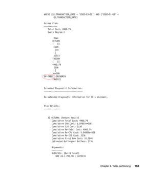 WHERE (Q1.TRANSACTION_DATE < '2002-03-01') AND ('2002-01-01' <
        Q1.TRANSACTION_DATE)

Access Plan:
-----------
   Total Cost: 4960.79
   Query Degree:1

         Rows
       RETURN
       (    1)
         Cost
          I/O
          |
         31773
       TBSCAN
       (    2)
       4960.79
         3336
          |
       3e+006
DP-TABLE: DB2ADMIN
       INVOICE


Extended Diagnostic Information:
--------------------------------

No extended Diagnostic Information for this statment.


Plan Details:
-------------


   1) RETURN: (Return Result)
      Cumulative Total Cost: 4960.79
      Cumulative CPU Cost: 5.04807e+008
      Cumulative I/O Cost: 3336
      Cumulative Re-Total Cost: 4960.79
      Cumulative Re-CPU Cost: 5.04805e+008
      Cumulative Re-I/O Cost: 3336
      Cumulative First Row Cost: 10.7846
      Estimated Bufferpool Buffers: 3336

      Arguments:
      ---------
      BLDLEVEL: (Build level)
         DB2 v9.1.200.98 : s070210



                                              Chapter 4. Table partitioning   163
 