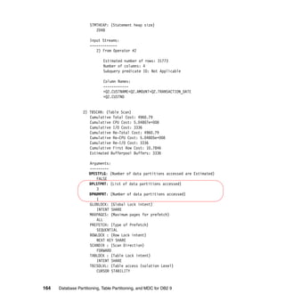 STMTHEAP: (Statement heap size)
                         2048

                      Input Streams:
                      -------------
                         2) From Operator #2

                             Estimated number of rows: 31773
                             Number of columns: 4
                             Subquery predicate ID: Not Applicable

                             Column Names:
                             ------------
                             +Q2.CUSTNAME+Q2.AMOUNT+Q2.TRANSACTION_DATE
                             +Q2.CUSTNO


                  2) TBSCAN: (Table Scan)
                     Cumulative Total Cost: 4960.79
                     Cumulative CPU Cost: 5.04807e+008
                     Cumulative I/O Cost: 3336
                     Cumulative Re-Total Cost: 4960.79
                     Cumulative Re-CPU Cost: 5.04805e+008
                     Cumulative Re-I/O Cost: 3336
                     Cumulative First Row Cost: 10.7846
                     Estimated Bufferpool Buffers: 3336

                      Arguments:
                      ---------
                      DPESTFLG: (Number of data partitions accessed are Estimated)
                          FALSE
                      DPLSTPRT: (List of data partitions accessed)
                          3
                      DPNUMPRT: (Number of data partitions accessed)
                          1
                      GLOBLOCK: (Global Lock intent)
                          INTENT SHARE
                      MAXPAGES: (Maximum pages for prefetch)
                          ALL
                      PREFETCH: (Type of Prefetch)
                          SEQUENTIAL
                      ROWLOCK : (Row Lock intent)
                          NEXT KEY SHARE
                      SCANDIR : (Scan Direction)
                          FORWARD
                      TABLOCK : (Table Lock intent)
                          INTENT SHARE
                      TBISOLVL: (Table access Isolation Level)
                          CURSOR STABILITY



164   Database Partitioning, Table Partitioning, and MDC for DB2 9
 