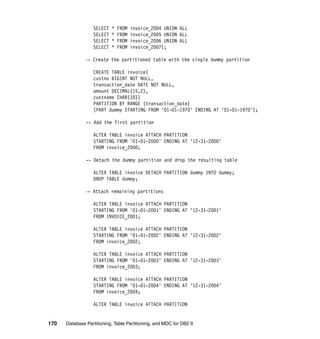 SELECT   *   FROM   invoice_2004 UNION ALL
                  SELECT   *   FROM   invoice_2005 UNION ALL
                  SELECT   *   FROM   invoice_2006 UNION ALL
                  SELECT   *   FROM   invoice_2007);

               -- Create the partitioned table with the single dummy partition

                  CREATE TABLE invoice(
                  custno BIGINT NOT NULL,
                  transaction_date DATE NOT NULL,
                  amount DECIMAL(15,2),
                  custname CHAR(10))
                  PARTITION BY RANGE (transaction_date)
                  (PART dummy STARTING FROM '01-01-1970' ENDING AT '01-01-1970');

               -- Add the first partition

                  ALTER TABLE invoice ATTACH PARTITION
                  STARTING FROM '01-01-2000' ENDING AT '12-31-2000'
                  FROM invoice_2000;

               -- Detach the dummy partition and drop the resulting table

                  ALTER TABLE invoice DETACH PARTITION dummy INTO dummy;
                  DROP TABLE dummy;

               -- Attach remaining partitions

                  ALTER TABLE invoice ATTACH PARTITION
                  STARTING FROM '01-01-2001' ENDING AT '12-31-2001'
                  FROM INVOICE_2001;

                  ALTER TABLE invoice ATTACH PARTITION
                  STARTING FROM '01-01-2002' ENDING AT '12-31-2002'
                  FROM invoice_2002;

                  ALTER TABLE invoice ATTACH PARTITION
                  STARTING FROM '01-01-2003' ENDING AT '12-31-2003'
                  FROM invoice_2003;

                  ALTER TABLE invoice ATTACH PARTITION
                  STARTING FROM '01-01-2004' ENDING AT '12-31-2004'
                  FROM invoice_2004;

                  ALTER TABLE invoice ATTACH PARTITION


170   Database Partitioning, Table Partitioning, and MDC for DB2 9
 