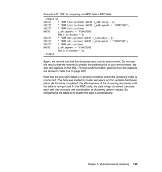 Example 5-17 SQL for comparing non-MDC table to MDC table
--#BGBLK 50
SELECT      * FROM tpcd.customer WHERE c_nationkey = 0;
SELECT      * FROM tpcd.customer WHERE c_mktsegment = 'FURNITURE';
SELECT      * FROM tpcd.customer
WHERE       c_mktsegment = 'FURNITURE'
            AND c_nationkey = 0;
SELECT      * FROM mdc.customer WHERE c_nationkey = 0;
SELECT      * FROM mdc.customer WHERE c_mktsegment = 'FURNITURE';
SELECT      * FROM mdc.customer
WHERE       c_mktsegment = 'FURNITURE'
            AND c_nationkey = 0;
--#EOBLK

Again, we remind you that this database was in a lab environment. Do not use
the results that we received to predict the performance in your environment. We
also ran explains on the SQL. Timings and information gleaned from the explains
are shown in Table 5-4 on page 200.

Note that the non-MDC table is in pristine condition where the clustering index is
concerned. The data was loaded in cluster sequence and no updates had taken
place. As the table is updated, the effectiveness of the clustering decreases until
the table is reorganized. In the MDC table, the data is kept clustered, because
each cell only contains one combination of clustering column values. So,
reorganizing the table to re-cluster the data is unnecessary.




                                       Chapter 5. Multi-dimensional clustering   199
 