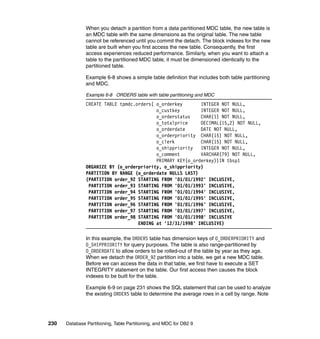 When you detach a partition from a data partitioned MDC table, the new table is
               an MDC table with the same dimensions as the original table. The new table
               cannot be referenced until you commit the detach. The block indexes for the new
               table are built when you first access the new table. Consequently, the first
               access experiences reduced performance. Similarly, when you want to attach a
               table to the partitioned MDC table, it must be dimensioned identically to the
               partitioned table.

               Example 6-8 shows a simple table definition that includes both table partitioning
               and MDC.

               Example 6-8 ORDERS table with table partitioning and MDC
               CREATE TABLE tpmdc.orders( o_orderkey       INTEGER NOT NULL,
                                          o_custkey        INTEGER NOT NULL,
                                          o_orderstatus    CHAR(1) NOT NULL,
                                          o_totalprice     DECIMAL(15,2) NOT NULL,
                                          o_orderdate      DATE NOT NULL,
                                          o_orderpriority CHAR(15) NOT NULL,
                                          o_clerk          CHAR(15) NOT NULL,
                                          o_shippriority   INTEGER NOT NULL,
                                          o_comment        VARCHAR(79) NOT NULL,
                                          PRIMARY KEY(o_orderkey))IN tbsp1
               ORGANIZE BY (o_orderpriority, o_shippriority)
               PARTITION BY RANGE (o_orderdate NULLS LAST)
               (PARTITION order_92 STARTING FROM '01/01/1992' INCLUSIVE,
                PARTITION order_93 STARTING FROM '01/01/1993' INCLUSIVE,
                PARTITION order_94 STARTING FROM '01/01/1994' INCLUSIVE,
                PARTITION order_95 STARTING FROM '01/01/1995' INCLUSIVE,
                PARTITION order_96 STARTING FROM '01/01/1996' INCLUSIVE,
                PARTITION order_97 STARTING FROM '01/01/1997' INCLUSIVE,
                PARTITION order_98 STARTING FROM '01/01/1998' INCLUSIVE
                                   ENDING at '12/31/1998' INCLUSIVE)

               In this example, the ORDERS table has dimension keys of O_ORDERPRIORITY and
               O_SHIPPRIORITY for query purposes. The table is also range-partitioned by
               O_ORDERDATE to allow orders to be rolled-out of the table by year as they age.
               When we detach the ORDER_92 partition into a table, we get a new MDC table.
               Before we can access the data in that table, we first have to execute a SET
               INTEGRITY statement on the table. Our first access then causes the block
               indexes to be built for the table.

               Example 6-9 on page 231 shows the SQL statement that can be used to analyze
               the existing ORDERS table to determine the average rows in a cell by range. Note




230   Database Partitioning, Table Partitioning, and MDC for DB2 9
 