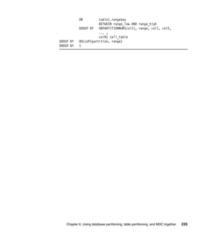 ON         table1.rangekey
                       BETWEEN range_low AND range_high
            GROUP BY   DBPARTITIONNUM(col1), range, col1, col2,
                       ... ,
                       colN) cell_table
GROUP BY    ROLLUP(partition, range)
ORDER BY    1




    Chapter 6. Using database partitioning, table partitioning, and MDC together   233
 