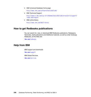 DB2 Universal Database home page
                  http://www.ibm.com/software/data/db2/udb/
                  DB2 Technical Support
                  http://www-3.ibm.com/cgi-bin/db2www/data/db2/udb/winos2unix/support/
                  index.d2w/report
                  DB2 online library
                  http://www.ibm.com/db2/library



How to get Redbooks publications
              You can search for, view, or download IBM Redbooks publications, Redpapers,
              Technotes, draft publications and Additional materials, as well as order hardcopy
              Redbooks, at this Web site:
              ibm.com/redbooks



Help from IBM
              IBM Support and downloads
              ibm.com/support

              IBM Global Services
              ibm.com/services




248   Database Partitioning, Table Partitioning, and MDC for DB2 9
 