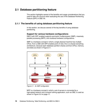 2.1 Database partitioning feature
               This section highlights several of the benefits and usage considerations that you
               need to take into account when evaluating the use of the Database Partitioning
               Feature (DPF) in DB2 V9.


2.1.1 The benefits of using database partitioning feature
               In this section, we discuss several of the key benefits of using database
               partitioning.

               Support for various hardware configurations
               DB2 9 with DPF enabled supports symmetric multiprocessor (SMP), massively
               parallel processing (MPP), and clustered hardware configurations.

               SMP is a hardware concept in which a single physical machine has multiple
               CPUs. From a DB2 with DPF-enabled point of view, this is a shared everything
               architecture, because each database partition shares common CPUs, memory,
               and disks as shown in Figure 2-1.



                         CPU                CPU                 CPU




                                           Memory




                                           Partition

                         Disk               Disk                Disk


               Figure 2-1 An SMP configuration

               MPP is a hardware concept in which a set of servers is connected by a
               high-speed network and a shared nothing application, such as DB2, is used as
               shown in Figure 2-2 on page 17.



16   Database Partitioning, Table Partitioning, and MDC for DB2 9
 