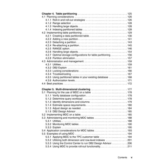 Chapter 4. Table partitioning . . . . . . . . . . . . . . . . . . . . . . . . . . . . . . . . . . . 125
4.1 Planning considerations . . . . . . . . . . . . . . . . . . . . . . . . . . . . . . . . . . . . . 126
   4.1.1 Roll-in and roll-out strategies . . . . . . . . . . . . . . . . . . . . . . . . . . . . . 126
   4.1.2 Range selection . . . . . . . . . . . . . . . . . . . . . . . . . . . . . . . . . . . . . . . 128
   4.1.3 Handling large objects. . . . . . . . . . . . . . . . . . . . . . . . . . . . . . . . . . . 128
   4.1.4 Indexing partitioned tables . . . . . . . . . . . . . . . . . . . . . . . . . . . . . . . 128
4.2 Implementing table partitioning . . . . . . . . . . . . . . . . . . . . . . . . . . . . . . . . 129
   4.2.1 Creating a data partitioned table . . . . . . . . . . . . . . . . . . . . . . . . . . . 130
   4.2.2 Adding a new partition. . . . . . . . . . . . . . . . . . . . . . . . . . . . . . . . . . . 141
   4.2.3 Detaching a partition . . . . . . . . . . . . . . . . . . . . . . . . . . . . . . . . . . . . 143
   4.2.4 Re-attaching a partition . . . . . . . . . . . . . . . . . . . . . . . . . . . . . . . . . . 145
   4.2.5 RANGE option. . . . . . . . . . . . . . . . . . . . . . . . . . . . . . . . . . . . . . . . . 146
   4.2.6 Handling large objects. . . . . . . . . . . . . . . . . . . . . . . . . . . . . . . . . . . 154
   4.2.7 Optimal storage configurations for table partitioning . . . . . . . . . . . . 156
   4.2.8 Partition elimination . . . . . . . . . . . . . . . . . . . . . . . . . . . . . . . . . . . . . 157
4.3 Administration and management. . . . . . . . . . . . . . . . . . . . . . . . . . . . . . . 159
   4.3.1 Utilities. . . . . . . . . . . . . . . . . . . . . . . . . . . . . . . . . . . . . . . . . . . . . . . 159
   4.3.2 DB2 Explain . . . . . . . . . . . . . . . . . . . . . . . . . . . . . . . . . . . . . . . . . . 161
   4.3.3 Locking considerations . . . . . . . . . . . . . . . . . . . . . . . . . . . . . . . . . . 166
   4.3.4 Troubleshooting . . . . . . . . . . . . . . . . . . . . . . . . . . . . . . . . . . . . . . . 167
   4.3.5 Using partitioned tables in your existing database . . . . . . . . . . . . . 168
   4.3.6 Authorization levels . . . . . . . . . . . . . . . . . . . . . . . . . . . . . . . . . . . . . 171
4.4 Best practices . . . . . . . . . . . . . . . . . . . . . . . . . . . . . . . . . . . . . . . . . . . . . 172

Chapter 5. Multi-dimensional clustering . . . . . . . . . . . . . . . . . . . . . . . . . . 177
5.1 Planning for the use of MDC on a table . . . . . . . . . . . . . . . . . . . . . . . . . 178
   5.1.1 Verify database configuration . . . . . . . . . . . . . . . . . . . . . . . . . . . . . 178
   5.1.2 Determine query workload . . . . . . . . . . . . . . . . . . . . . . . . . . . . . . . 178
   5.1.3 Identify dimensions and columns . . . . . . . . . . . . . . . . . . . . . . . . . . 179
   5.1.4 Estimate space requirements . . . . . . . . . . . . . . . . . . . . . . . . . . . . . 180
   5.1.5 Adjust design as needed. . . . . . . . . . . . . . . . . . . . . . . . . . . . . . . . . 184
   5.1.6 DB2 Design Advisor . . . . . . . . . . . . . . . . . . . . . . . . . . . . . . . . . . . . 185
5.2 Implementing MDC on a table. . . . . . . . . . . . . . . . . . . . . . . . . . . . . . . . . 185
5.3 Administering and monitoring MDC tables . . . . . . . . . . . . . . . . . . . . . . . 188
   5.3.1 Utilities. . . . . . . . . . . . . . . . . . . . . . . . . . . . . . . . . . . . . . . . . . . . . . . 188
   5.3.2 Monitoring MDC tables . . . . . . . . . . . . . . . . . . . . . . . . . . . . . . . . . . 190
   5.3.3 Explain . . . . . . . . . . . . . . . . . . . . . . . . . . . . . . . . . . . . . . . . . . . . . . 190
5.4 Application considerations for MDC tables . . . . . . . . . . . . . . . . . . . . . . . 193
5.5 Examples of using MDC . . . . . . . . . . . . . . . . . . . . . . . . . . . . . . . . . . . . . 194
   5.5.1 Applying MDC to the TPC customer table . . . . . . . . . . . . . . . . . . . 194
   5.5.2 Utilizing both dimension and row-level indexes . . . . . . . . . . . . . . . 201
   5.5.3 Using the Control Center to run DB2 Design Advisor . . . . . . . . . . . 206
   5.5.4 Using MDC to provide roll-out functionality . . . . . . . . . . . . . . . . . . . 211



                                                                                                 Contents        v
 