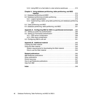 5.5.5 Using MDC on a fact table in a star schema warehouse . . . . . . . . 213

                Chapter 6. Using database partitioning, table partitioning, and MDC
                           together . . . . . . . . . . . . . . . . . . . . . . . . . . . . . . . . . . . . . . . . . . . 215
                6.1 Database partitioning and MDC . . . . . . . . . . . . . . . . . . . . . . . . . . . . . . . 216
                6.2 Database partitioning and table partitioning . . . . . . . . . . . . . . . . . . . . . . 219
                   6.2.1 Logical representation . . . . . . . . . . . . . . . . . . . . . . . . . . . . . . . . . . . 219
                   6.2.2 Implementing a table using table partitioning and database partitioning
                         220
                6.3 Table partitioning and MDC. . . . . . . . . . . . . . . . . . . . . . . . . . . . . . . . . . . 228
                6.4 Database partitioning, table partitioning, and MDC. . . . . . . . . . . . . . . . . 231

                Appendix A. Configuring DB2 for SSH in a partitioned environment. . . 235
                A.1 Setting up public key authentication . . . . . . . . . . . . . . . . . . . . . . . . . . . . 236
                A.2 Setting up host-based authentication . . . . . . . . . . . . . . . . . . . . . . . . . . . 238
                   A.2.1 SSH server configuration . . . . . . . . . . . . . . . . . . . . . . . . . . . . . . . . 238
                   A.2.2 SSH client configuration . . . . . . . . . . . . . . . . . . . . . . . . . . . . . . . . . 241
                A.3 Configuring DB2 to use ssh . . . . . . . . . . . . . . . . . . . . . . . . . . . . . . . . . . 241

                Appendix B. Additional material . . . . . . . . . . . . . . . . . . . . . . . . . . . . . . . . 243
                Locating the Web material . . . . . . . . . . . . . . . . . . . . . . . . . . . . . . . . . . . . . . . 243
                Using the Web material . . . . . . . . . . . . . . . . . . . . . . . . . . . . . . . . . . . . . . . . . 244
                   System requirements for downloading the Web material . . . . . . . . . . . . . 244
                   How to use the Web material . . . . . . . . . . . . . . . . . . . . . . . . . . . . . . . . . . 244

                Related publications . . . . . . . . . . . . . . . . . . . . . . . . . . . . . . . . . . . . . . . . . . 245
                IBM Redbooks publications . . . . . . . . . . . . . . . . . . . . . . . . . . . . . . . . . . . . . . 245
                Other publications . . . . . . . . . . . . . . . . . . . . . . . . . . . . . . . . . . . . . . . . . . . . . 245
                Online resources . . . . . . . . . . . . . . . . . . . . . . . . . . . . . . . . . . . . . . . . . . . . . . 247
                How to get Redbooks publications . . . . . . . . . . . . . . . . . . . . . . . . . . . . . . . . . 248
                Help from IBM . . . . . . . . . . . . . . . . . . . . . . . . . . . . . . . . . . . . . . . . . . . . . . . . 248

                Index . . . . . . . . . . . . . . . . . . . . . . . . . . . . . . . . . . . . . . . . . . . . . . . . . . . . . . . 249




vi   Database Partitioning, Table Partitioning, and MDC for DB2 9
 