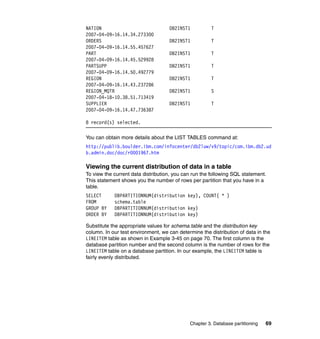 NATION                              DB2INST1           T
2007-04-09-16.14.34.273300
ORDERS                              DB2INST1           T
2007-04-09-16.14.55.457627
PART                                DB2INST1           T
2007-04-09-16.14.45.529928
PARTSUPP                            DB2INST1           T
2007-04-09-16.14.50.492779
REGION                              DB2INST1           T
2007-04-09-16.14.43.237286
REGION_MQTR                         DB2INST1           S
2007-04-18-10.38.51.713419
SUPPLIER                            DB2INST1           T
2007-04-09-16.14.47.736387

8 record(s) selected.

You can obtain more details about the LIST TABLES command at:
http://publib.boulder.ibm.com/infocenter/db2luw/v9/topic/com.ibm.db2.ud
b.admin.doc/doc/r0001967.htm

Viewing the current distribution of data in a table
To view the current data distribution, you can run the following SQL statement.
This statement shows you the number of rows per partition that you have in a
table.
SELECT      DBPARTITIONNUM(distribution key), COUNT( * )
FROM        schema.table
GROUP BY    DBPARTITIONNUM(distribution key)
ORDER BY    DBPARTITIONNUM(distribution key)

Substitute the appropriate values for schema.table and the distribution key
column. In our test environment, we can determine the distribution of data in the
LINEITEM table as shown in Example 3-45 on page 70. The first column is the
database partition number and the second column is the number of rows for the
LINEITEM table on a database partition. In our example, the LINEITEM table is
fairly evenly distributed.




                                             Chapter 3. Database partitioning   69
 