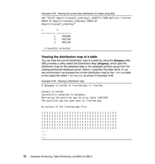 Example 3-45 Viewing the current data distribution of a table using SQL
               db2 "SELECT dbpartitionnum(l_orderkey), COUNT(*) FROM db2inst1.lineitem
               GROUP BY dbpartitionnum(l_orderkey) ORDER BY
               dbpartitionnum(l_orderkey)"

               1           2
               ----------- -----------
                         1     3995488
                         2     4001348
                         3     4001160

                  3 record(s) selected.


               Viewing the distribution map of a table
               You can view the current distribution map of a table by using the db2gpmap utility.
               DB2 provides a utility called Get Distribution Map (db2gpmap), which gets the
               distribution map for the database table or the database partition group from the
               catalog partitioned database server. Option -t specifies the table name. In our
               test environment, we dumped the current distribution map for the lineitem table
               to the output file called lineitem.out as shown in Example 3-46.

               Example 3-46 Viewing a distribution map
               $ db2gpmap -d testdb -m lineitem.map -t lineitem

               Connect to testdb.
               Successfully connected to database.
               Retrieving the partition map ID using table LINEITEM.
               The partition map has been sent to lineitem.map.

               An extract of the lineitem.map file:

               1 2 3   1   2   3   1   2   3   1   2   3   1   2   3   1   2   3   1   2   3   1   2   3   1   2   3   1   2   3
               1 2 3   1   2   3   1   2   3   1   2   3   1   2   3   1   2   3   1   2   3   1   2   3   1   2   3   1   2   3
               1 2 3   1   2   3   1   2   3   1   2   3   1   2   3   1   2   3   1   2   3   1   2   3   1   2   3   1   2   3
               1 2 3   1   2   3   1   2   3   1   2   3   1   2   3   1   2   3   1   2   3   1   2   3   1   2   3   1   2   3
               1 2 3   1   2   3   1   2   3   1   2   3   1   2   3   1   2   3   1   2   3   1   2   3   1   2   3   1   2   3
               1 2 3   1   2   3   1   2   3   1   2   3   1   2   3   1   2   3   1   2   3   1   2   3   1   2   3   1   2   3
               ....
               ....
               ....




70   Database Partitioning, Table Partitioning, and MDC for DB2 9
 