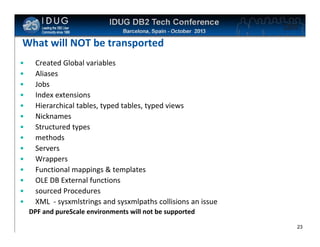 Click to edit Master title style

What will NOT be transported
•
•
•
•
•
•
•
•
•
•
•
•
•
•

Created Global variables
Aliases
Jobs
Index extensions
Hierarchical tables, typed tables, typed views
Nicknames
Structured types
methods
Servers
Wrappers
Functional mappings & templates
OLE DB External functions
sourced Procedures
XML - sysxmlstrings and sysxmlpaths collisions an issue
DPF and pureScale environments will not be supported
23

 