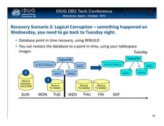 Click to edit Master title style

Recovery Scenario 2: Logical Corruption – something happened on
Wednesday, you need to go back to Tuesday night.
• Database point in time recovery, using REBUILD
• You can restore the database to a point in time, using your tablespace
images
Tuesday
SalesDB

SalesDB
SYSCATSPACE

2

DMS01

SYSCATSPACE

SMS01
DMS01

DMS02

DMS02

1

Backup
Database
SALESDB

SUN

SMS01

Backup
TS DMS01

MON

TUE

Backup
TS DMS02

WED

THU

Backup
TS DMS01

FRI

SAT

36

 