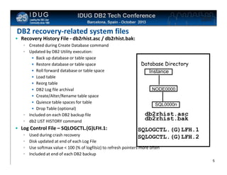 Click to edit Master title style

DB2 recovery-related system files
• Recovery History File - db2rhist.asc / db2rhist.bak:
• Created during Create Database command
• Updated by DB2 Utility execution:
• Back up database or table space
• Restore database or table space
• Roll forward database or table space
• Load table
• Reorg table
• DB2 Log file archival
• Create/Alter/Rename table space
• Quiesce table spaces for table
• Drop Table (optional)
• Included on each DB2 backup file
• db2 LIST HISTORY command

• Log Control File – SQLOGCTL.(G)LFH.1:
•
•
•
•

Database Directory
Instance

NODE0000
SQL0000n

db2rhist.asc
db2rhist.bak
SQLOGCTL.(G)LFH.1
SQLOGCTL.(G)LFH.2

Used during crash recovery
Disk updated at end of each Log File
Use softmax value < 100 (% of logfilsiz) to refresh pointers more often
Included at end of each DB2 backup

5

 