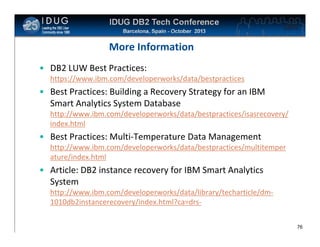 Click to edit Master title style

More Information
• DB2 LUW Best Practices:
https://www.ibm.com/developerworks/data/bestpractices

• Best Practices: Building a Recovery Strategy for an IBM
Smart Analytics System Database
http://www.ibm.com/developerworks/data/bestpractices/isasrecovery/
index.html

• Best Practices: Multi-Temperature Data Management
http://www.ibm.com/developerworks/data/bestpractices/multitemper
ature/index.html

• Article: DB2 instance recovery for IBM Smart Analytics
System
http://www.ibm.com/developerworks/data/library/techarticle/dm1010db2instancerecovery/index.html?ca=drs76

 