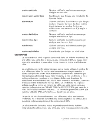 nombre-activador               Nombre calificado mediante esquema que
                                    designa un activador.
     nombre-correlación-tipos       Identificador que designa una correlación de
                                    tipos de datos.
     nombre-tipo                    Nombre calificado o no calificado que designa
                                    un tipo. El gestor de bases de datos califica
                                    implícitamente un nombre de tipo no
                                    calificado en una sentencia de SQL según el
                                    contexto.
     nombre-tabla-tipo              Nombre calificado mediante esquema que
                                    designa una tabla con tipo.
     nombre-vista-tipo              Nombre calificado mediante esquema que
                                    designa una vista con tipo.
     nombre-vista                   Nombre calificado mediante esquema que
                                    designa una vista.
     nombre-reiniciador             Identificador que designa un reiniciador.
Seudónimos
     Un seudónimo de tabla se puede considerar como un nombre alternativo de
     una tabla o una vista. Por lo tanto, en una sentencia de SQL se puede hacer
     referencia a una tabla o a una vista por su nombre o por su seudónimo de
     tabla.

     Un seudónimo se puede utilizar siempre que se pueda utilizar el nombre de
     una tabla o una vista. Se puede crear un seudónimo aunque no exista el
     objeto (aunque debe existir en el momento de compilar una sentencia que
     hace referencia al mismo). Puede hacer referencia a otro seudónimo si no se
     realizan referencias circulares ni repetitivas a lo largo de la cadena de
     seudónimos. Un seudónimo sólo puede hacer referencia a una tabla, una vista
     o un seudónimo de la misma base de datos. Un seudónimo no se puede
     utilizar cuando se espera un nombre de tabla o de vista nuevo como, por
     ejemplo, en las sentencias CREATE TABLE o CREATE VIEW; por ejemplo, si
     se ha creado el seudónimo PERSONAL, las sentencias posteriores como, por
     ejemplo, CREATE TABLE PERSONAL... devolverán un error.

     La opción de para hacer referencia a una tabla o una vista mediante un
     seudónimo no se muestra explícitamente en los diagramas de sintaxis, ni se
     menciona en las descripciones de las sentencias de SQL.

     Un seudónimo no calificado nuevo no puede tener el mismo nombre
     completamente calificado que una tabla, una vista o un seudónimo existente.




                                                  Capítulo 2. Elementos del lenguaje   77
 