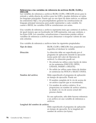 Referencias a las variables de referencia de archivos BLOB, CLOB y
                 DBCLOB
                 Las variables de referencia a archivos BLOB, CLOB y DBCLOB sirven para la
                 entrada y salida directa de archivo para los LOB y pueden definirse en todos
                 los lenguajes principales. Puesto que no son tipos de datos nativos, se utilizan
                 las extensiones SQL y los precompiladores generan las construcciones de
                 lenguaje principal necesarias para poder representar a cada variable. En
                 cuanto a REXX, las variables LOB se correlacionan con series.

                 Una variable de referencia a archivos representa (más que contiene) al archivo,
                 de igual manera que un localizador de LOB representa, más que contiene, a
                 los bytes LOB. Las consultas, actualizaciones e inserciones pueden utilizar
                 variables de referencia a archivos para almacenar o recuperar valores de una
                 sola columna.

                 Una variable de referencia a archivos tiene las siguientes propiedades:
                 Tipo de datos                   BLOB, CLOB o DBCLOB. Esta propiedad se
                                                 especifica al declarar la variable.
                 Dirección                       La dirección debe ser especificada por el
                                                 programa de aplicación durante la ejecución
                                                 (como parte del valor de Opciones de
                                                 archivo). La dirección puede ser:
                                                 v De entrada (se utiliza como fuente de datos
                                                   en las sentencias EXECUTE, OPEN,
                                                   UPDATE, INSERT o DELETE).
                                                 v De salida (se utiliza como datos de destino
                                                   en sentencias las FETCH o SELECT INTO).
                 Nombre del archivo              Debe especificarlo el programa de aplicación
                                                 en tiempo de ejecución. Puede ser:
                                                 v El nombre completo de la vía de acceso de
                                                   un archivo (opción que se recomienda).
                                                 v Un nombre de archivo relativo. Si se
                                                   proporciona un nombre de archivo relativo,
                                                   se añade a la vía de acceso actual del
                                                   proceso cliente.

                                                 En una aplicación, sólo debe hacerse referencia
                                                 a un archivo en una variable de referencia a
                                                 archivos.
                 Longitud del nombre de archivo
                                              Debe especificarlo el programa de aplicación
                                              en tiempo de ejecución. Es la longitud del
                                              nombre de archivo (en bytes).


96   Consulta de SQL, Volumen 1
 