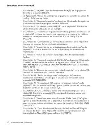 Estructura de este manual

                 v El Apéndice C, “SQLDA (área de descriptores de SQL)” en la página 651
                   describe la estructura SQLDA.
                 v La Apéndice D, “Vistas de catálogo” en la página 665 describe las vistas de
                   catálogo de la base de datos.
                 v El Apéndice E, “Sistemas federados” en la página 801 describe las opciones
                   y las correlaciones de tipos para sistemas federados.
                 v El Apéndice F, “La base de datos SAMPLE” en la página 847 describe las
                   tablas de muestra utilizadas en los ejemplos.
                 v El Apéndice G, “Nombres de esquema reservados y palabras reservadas” en
                   la página 867 contiene los nombres de esquemas reservados y las palabras
                   reservadas correspondientes a los estándares SQL de IBM y SQL99
                   ISO/ANS.
                 v El Apéndice H, “Comparación de niveles de aislamiento” en la página 871
                   contiene un resumen de los niveles de aislamiento.
                 v El Apéndice I, “Interacción de los activadores con las restricciones” en la
                   página 873 explica la interacción de los activadores y las restricciones
                   referenciales.
                 v El Apéndice J, “Tablas de Explain” en la página 877 describe las tablas
                   Explain.
                 v El Apéndice K, “Valores de registro de EXPLAIN” en la página 905 describe
                   la interacción entre sí de los valores de registro especiales CURRENT
                   EXPLAIN MODE y CURRENT EXPLAIN SNAPSHOT y con los mandatos
                   PREP y BIND.
                 v El Apéndice L, “Ejemplo de recurrencia: Lista de material” en la página 911,
                   contiene un ejemplo de una consulta recursiva.
                 v El Apéndice M, “Tablas de excepciones” en la página 917 contiene
                   información sobre tablas creadas por el usuario que se utilizan con la
                   sentencia SET INTEGRITY.
                 v El Apéndice N, “Sentencias de SQL que se permiten en rutinas” en la
                   página 923 lista las sentencias de SQL que es posible ejecutar en rutinas con
                   diferentes contextos de acceso a datos SQL.
                 v El Apéndice O, “CALL invocada desde una sentencia compilada” en la
                   página 927 describe la sentencia CALL que puede invocarse desde una
                   sentencia compilada.
                 v El Apéndice P, “Consideraciones sobre Extended UNIX Code (EUC) para
                   japonés y chino tradicional” en la página 935 muestra las consideraciones a
                   tener en cuenta cuando se utilizan los juegos de caracteres Extended UNIX
                   Code (EUC).
                 v El Apéndice Q, “Especificaciones de formato de Backus-Naur (BNF) para
                   los enlaces de datos” en la página 945 contiene las especificaciones del
                   formato Backus-Naur (BNF) para archivos DATALINK.



xii   Consulta de SQL, Volumen 1
 
