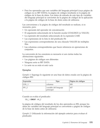 v Para los operandos que son variables del lenguaje principal (cuya página de
  códigos no es BIT DATA), la página de códigos resultante es la página de
  códigos de la base de datos. Los datos de entrada de este tipo de variables
  del lenguaje principal se convierten de la página de códigos de la aplicación
  a la página de códigos de la base de datos antes de utilizarse.

Las conversiones a la página de códigos del resultado se realizan, si es
necesario, para:
v Un operando del operador de concatenación
v El argumento seleccionado de la función escalar COALESCE (o VALUE)
v La expresión del resultado seleccionada de la expresión CASE
v Las expresiones de la lista in del predicado IN
v Las expresiones correspondientes de una cláusula VALUES de múltiples
  filas
v Las columnas correspondientes que hacen referencia en operaciones de
  conjuntos.

La conversión de los caracteres es necesaria si son ciertas todas las
afirmaciones siguientes:
v Las páginas de códigos son diferentes
v Ninguna serie es BIT DATA
v La serie no es nula ni está vacía

Ejemplos

Ejemplo 1: Suponga lo siguiente en una base de datos creada con la página de
códigos 850:

Expresión                             Tipo               Página de códigos
COL_1                      columna                       850
HV_2                       variable del lenguaje         437
                           principal


Cuando se evalúa el predicado:
   COL_1 CONCAT :HV_2

la página de códigos del resultado de los dos operandos es 850, porque los
datos de variables del lenguaje principal se convertirán a página de códigos
de la base de datos antes de utilizarse.

Ejemplo 2: Utilizando la información del ejemplo anterior para evaluar el
predicado:


                                               Capítulo 2. Elementos del lenguaje   151
 