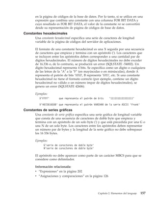en la página de códigos de la base de datos. Por lo tanto, si se utiliza en una
      expresión que combina una constante con una columna FOR BIT DATA y
      cuyo resultado es FOR BIT DATA, el valor de la constante no se convertirá
      desde su representación de página de códigos de base de datos.
Constantes hexadecimales
      Una constante hexadecimal especifica una serie de caracteres de longitud
      variable de la página de códigos del servidor de aplicaciones.

      El formato de una constante hexadecimal es una X seguida por una secuencia
      de caracteres que empieza y termina con un apóstrofo ('). Los caracteres que
      se incluyen entre los apóstrofos deben corresponder a una cantidad par de
      dígitos hexadecimales. El número de dígitos hexadecimales no debe exceder
      de 16.336 o, de lo contrario, se producirá un error (SQLSTATE -54002). Un
      dígito hexadecimal representa 4 bits. Se especifica como un dígito o cualquiera
      de las letras de la ″A″ a la ″F″ (en mayúsculas o en minúsculas), donde A
      representa el patrón de bits '1010', B representa '1011', etc. Si una constante
      hexadecimal no tiene el formato correcto (por ejemplo, contiene un dígito
      hexadecimal no válido o un número impar de dígitos hexadecimales), se
      genera un error (SQLSTATE 42606).

      Ejemplos:
         X'FFFF'       que representa el patrón de bits      '1111111111111111'

         X'4672616E6B' que representa el patrón VARCHAR de la serie ASCII 'Frank'

Constantes de series gráficas
      Una constante de serie gráfica especifica una serie gráfica de longitud variable
      que consta de una secuencia de caracteres de doble byte que empieza y
      termina con un apóstrofo de un solo byte (') y que está precedida por una G o
      una N de un solo byte. Los caracteres entre los apóstrofos deben representar
      un número par de bytes y la longitud de la serie gráfico no debe sobrepasar
      los 16 336 bytes.

      Ejemplos:
            G'serie de caracteres de doble byte'
            N'serie de caracteres de doble byte'

      El apóstrofo no debe aparecer como parte de un carácter MBCS para que se
      considere como delimitador.

      Información relacionada:
      v “Expresiones” en la página 202
      v “Asignaciones y comparaciones” en la página 126




                                                    Capítulo 2. Elementos del lenguaje   157
 