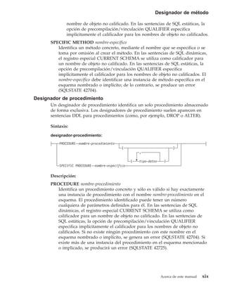 Designador de método

              nombre de objeto no calificado. En las sentencias de SQL estáticas, la
              opción de precompilación/vinculación QUALIFIER especifica
              implícitamente el calificador para los nombres de objeto no calificados.
      SPECIFIC METHOD nombre-específico
         Identifica un método concreto, mediante el nombre que se especifica o se
         toma por omisión al crear el método. En las sentencias de SQL dinámicas,
         el registro especial CURRENT SCHEMA se utiliza como calificador para
         un nombre de objeto no calificado. En las sentencias de SQL estáticas, la
         opción de precompilación/vinculación QUALIFIER especifica
         implícitamente el calificador para los nombres de objeto no calificados. El
         nombre-específico debe identificar una instancia de método específica en el
         esquema nombrado o implícito; de lo contrario, se produce un error
         (SQLSTATE 42704).
Designador de procedimiento
      Un desginador de procedimiento identifica un solo procedimiento almacenado
      de forma exclusiva. Los designadores de procedimiento suelen aparecen en
      sentencias DDL para procedimientos (como, por ejemplo, DROP o ALTER).

      Sintaxis:

      designador-procedimiento:
          PROCEDURE   nombre-procedimiento
                                              (                            )
                                                       ,

                                                   (   tipo-datos     )
          SPECIFIC PROCEDURE   nombre-específico

      Descripción:
      PROCEDURE nombre-procedimiento
         Identifica un procedimiento concreto y sólo es válido si hay exactamente
         una instancia de procedimiento con el nombre nombre-procedimiento en el
         esquema. El procedimiento identificado puede tener un número
         cualquiera de parámetros definidos para él. En las sentencias de SQL
         dinámicas, el registro especial CURRENT SCHEMA se utiliza como
         calificador para un nombre de objeto no calificado. En las sentencias de
         SQL estáticas, la opción de precompilación/vinculación QUALIFIER
         especifica implícitamente el calificador para los nombres de objeto no
         calificados. Si no existe ningún procedimiento con este nombre en el
         esquema nombrado o implícito, se genera un error (SQLSTATE 42704). Si
         existe más de una instancia del procedimiento en el esquema mencionado
         o implicado, se producirá un error (SQLSTATE 42725).




                                                                    Acerca de este manual   xix
 