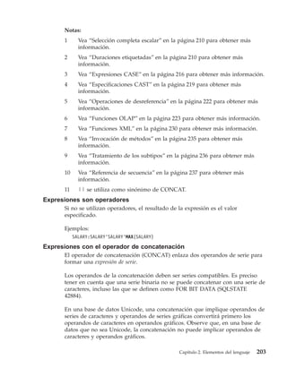 Notas:
      1      Vea “Selección completa escalar” en la página 210 para obtener más
             información.
      2      Vea “Duraciones etiquetadas” en la página 210 para obtener más
             información.
      3      Vea “Expresiones CASE” en la página 216 para obtener más información.
      4      Vea “Especificaciones CAST” en la página 219 para obtener más
             información.
      5      Vea “Operaciones de desreferencia” en la página 222 para obtener más
             información.
      6      Vea “Funciones OLAP” en la página 223 para obtener más información.
      7      Vea “Funciones XML” en la página 230 para obtener más información.
      8      Vea “Invocación de métodos” en la página 235 para obtener más
             información.
      9      Vea “Tratamiento de los subtipos” en la página 236 para obtener más
             información.
      10     Vea “Referencia de secuencia” en la página 237 para obtener más
             información.
      11     || se utiliza como sinónimo de CONCAT.
Expresiones son operadores
      Si no se utilizan operadores, el resultado de la expresión es el valor
      especificado.

      Ejemplos:
           SALARY:SALARY’SALARY’MAX(SALARY)

Expresiones con el operador de concatenación
      El operador de concatenación (CONCAT) enlaza dos operandos de serie para
      formar una expresión de serie.

      Los operandos de la concatenación deben ser series compatibles. Es preciso
      tener en cuenta que una serie binaria no se puede concatenar con una serie de
      caracteres, incluso las que se definen como FOR BIT DATA (SQLSTATE
      42884).

      En una base de datos Unicode, una concatenación que implique operandos de
      series de caracteres y operandos de series gráficas convertirá primero los
      operandos de caracteres en operandos gráficos. Observe que, en una base de
      datos que no sea Unicode, la concatenación no puede implicar operandos de
      caracteres y operandos gráficos.

                                                    Capítulo 2. Elementos del lenguaje   203
 