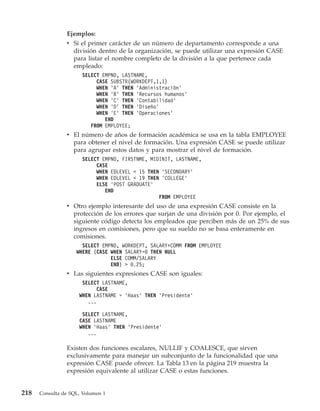 Ejemplos:
                v Si el primer carácter de un número de departamento corresponde a una
                  división dentro de la organización, se puede utilizar una expresión CASE
                  para listar el nombre completo de la división a la que pertenece cada
                  empleado:
                      SELECT EMPNO, LASTNAME,
                           CASE SUBSTR(WORKDEPT,1,1)
                           WHEN ’A’ THEN ’Administración’
                           WHEN ’B’ THEN ’Recursos humanos’
                           WHEN ’C’ THEN ’Contabilidad’
                           WHEN ’D’ THEN ’Diseño’
                           WHEN ’E’ THEN ’Operaciones’
                              END
                         FROM EMPLOYEE;
                v El número de años de formación académica se usa en la tabla EMPLOYEE
                  para obtener el nivel de formación. Una expresión CASE se puede utilizar
                  para agrupar estos datos y para mostrar el nivel de formación.
                      SELECT EMPNO, FIRSTNME, MIDINIT, LASTNAME,
                           CASE
                           WHEN EDLEVEL < 15 THEN ’SECONDARY’
                           WHEN EDLEVEL < 19 THEN ’COLLEGE’
                           ELSE ’POST GRADUATE’
                              END
                                                 FROM EMPLOYEE
                v Otro ejemplo interesante del uso de una expresión CASE consiste en la
                  protección de los errores que surjan de una división por 0. Por ejemplo, el
                  siguiente código detecta los empleados que perciben más de un 25% de sus
                  ingresos en comisiones, pero que su sueldo no se basa enteramente en
                  comisiones.
                      SELECT EMPNO, WORKDEPT, SALARY+COMM FROM EMPLOYEE
                    WHERE (CASE WHEN SALARY=0 THEN NULL
                                ELSE COMM/SALARY
                                END) > 0.25;
                v Las siguientes expresiones CASE son iguales:
                      SELECT LASTNAME,
                           CASE
                     WHEN LASTNAME = ’Haas’ THEN ’Presidente’
                        ...

                      SELECT LASTNAME,
                     CASE LASTNAME
                     WHEN ’Haas’ THEN ’Presidente’
                        ...

                Existen dos funciones escalares, NULLIF y COALESCE, que sirven
                exclusivamente para manejar un subconjunto de la funcionalidad que una
                expresión CASE puede ofrecer. La Tabla 13 en la página 219 muestra la
                expresión equivalente al utilizar CASE o estas funciones.


218   Consulta de SQL, Volumen 1
 