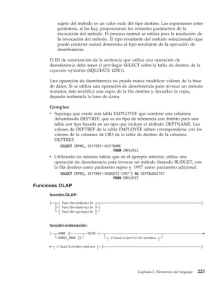 sujeto del método es un valor nulo del tipo destino. Las expresiones entre
         paréntesis, si las hay, proporcionan los restantes parámetros de la
         invocación del método. El proceso normal se utiliza para la resolución de
         la invocación del método. El tipo resultante del método seleccionado (que
         puede contener nulos) determina el tipo resultante de la operación de
         desreferencia.

     El ID de autorización de la sentencia que utiliza una operación de
     desreferencia debe tener el privilegio SELECT sobre la tabla de destino de la
     expresión-ref-ámbito (SQLSTATE 42501).

     Una operación de desreferencia no puede nunca modificar valores de la base
     de datos. Si se utiliza una operación de desreferencia para invocar un método
     mutador, éste modifica una copia de la fila destino y devuelve la copia,
     dejando inalterada la base de datos.

     Ejemplos:
     v Suponga que existe una tabla EMPLOYEE que contiene una columna
       denominada DEPTREF, que es un tipo de referencia con ámbito para una
       tabla con tipo basada en un tipo que incluye el atributo DEPTNAME. Los
       valores de DEPTREF de la tabla EMPLOYEE deben corresponderse con los
       valores de la columna de OID de la tabla de destino de la columna
       DEPTREF.
          SELECT EMPNO, DEPTREF−>DEPTNAME
                                     FROM EMPLOYEE
     v Utilizando las mismas tablas que en el ejemplo anterior, utilice una
       operación de desreferencia para invocar un método llamado BUDGET, con
       la fila destino como parámetro sujeto y '1997' como parámetro adicional.
          SELECT EMPNO, DEPTREF−>BUDGET(’1997’) AS DEPTBUDGET97
                                     FROM EMPLOYEE

Funciones OLAP
     función-OLAP:
           función-ordenación
           función-numeración
           función-agregación


     función-ordenación:

         RANK ()           OVER   (
         DENSE_RANK ()                    cláusula-partición-ventana

        cláusula-orden-ventana        )




                                                         Capítulo 2. Elementos del lenguaje   223
 