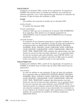 XMLELEMENT
                  Construye un elemento XML a partir de los argumentos. El esquema es
                  SYSIBM. Esta función toma un nombre de elemento, una colección de
                  atributos opcional y cero o más argumentos que formarán el contenido del
                  elemento. El tipo de datos del resultado es XML.
                     NAME
                       Esta palabra clave precede el nombre de un elemento XML.
                     nombre-elemento
                        El nombre del elemento XML.
                     Función-xmlattributes
                        Atributos XML que son el resultado de la función XMLATTRIBUTES.
                        Si se especifica, debe aparecer en el segundo argumento de
                        XMLELEMENT como la función XMLATTRIBUTES con el formato
                        apropiado.
                     contenido-elemento
                         El contenido de los elementos generados se especifica mediante una
                         expresión o una lista de expresiones. El tipo de datos del resultado de
                         la expresión debe ser SMALLINT, INTEGER, BIGINT, DECIMAL,
                         NUMERIC, REAL, DOUBLE, CHAR, VARCHAR, LONG VARCHAR,
                         CLOB, GRAPHIC, VARGRAPHIC, LONG VARGRAPHIC, DBCLOB,
                         DATE, TIME, TIMESTAMP, XML cualquier tipo diferenciado cuyo tipo
                         fuente sea uno de los tipos de datos anteriores. No se permiten datos
                         de serie de caracteres que estén definidos como FOR BIT DATA. Las
                         expresiones pueden ser cualquier expresión de SQL, pero no pueden
                         incluir una selección completa escalar ni una subconsulta.
                XMLATTRIBUTES
                  Construye los atributos XML a partir de los argumentos. El esquema es
                  SYSIBM. El resultado tiene el mismo tipo de datos XML interno que los
                  argumentos.
                     valor-atributo
                         El valor de atributo es una expresión. El tipo de datos del resultado
                         de la expresión debe ser SMALLINT, INTEGER, BIGINT, DECIMAL,
                         NUMERIC, REAL, DOUBLE, CHAR, VARCHAR, LONG VARCHAR,
                         CLOB, GRAPHIC, VARGRAPHIC, LONG VARGRAPHIC, DBCLOB,
                         DATE, TIME, TIMESTAMP cualquier tipo diferenciado cuyo tipo
                         fuente sea uno de los tipos de datos anteriores. No se permiten datos
                         de serie de caracteres que estén definidos como FOR BIT DATA. La
                         expresión puede ser cualquier expresión de SQL pero no puede incluir
                         una selección completa escalar ni una subconsulta. Si la expresión no
                         es una referencia de columna simple, debe especificarse un nombre de
                         atributo. No se permiten los nombres de atributos duplicados
                         (SQLSTATE 42713).



232   Consulta de SQL, Volumen 1
 