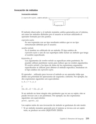 Invocación de métodos
      invocación-método:
          expresión-sujeto..nombre-método
                                            (                  )
                                                ,

                                                expresión



      El método observador y el método mutador, ambos generados por el sistema,
      así como los métodos definidos por el usuario se invocan utilizando el
      operador formado por dos puntos.
      expresión-sujeto
          Es una expresión con un tipo resultante estático que es un tipo
          estructurado definido por el usuario.
      nombre-método
         Es el nombre no calificado de un método. El tipo estático de
         expresión-sujeto o uno de sus supertipos debe incluir un método que tenga
         el nombre especificado.
      (expresión,...)
          Los argumentos de nombre-método se especifican entre paréntesis. Se
          pueden utilizar paréntesis vacíos para indicar que no existen argumentos.
          El nombre-método y los tipos de datos de las expresiones argumento
          especificadas se utilizan para obtener el método específico, basándose en
          el tipo estático de expresión-sujeto.

      El operador .. utilizado para invocar el método es un operador infijo que
      define una prioridad de operaciones de izquierda a derecha. Por ejemplo, las
      dos expresiones siguientes son equivalentes:
      a..b..c + x..y..z

      y
      ((a..b)..c) + ((x..y)..z)

      Si un método no tiene ningún otro parámetro que no sea su sujeto, éste se
      puede invocar con o sin paréntesis. Por ejemplo, las dos expresiones
      siguientes son equivalentes:
      point1..xpoint1..x()

      Los sujetos nulos de una invocación de método se gestionan de este modo:
      v Si un método mutador generado por el sistema se invoca con un sujeto
        nulo, se produce un error (SQLSTATE 2202D)



                                                     Capítulo 2. Elementos del lenguaje   235
 