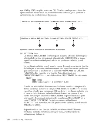 que AND y AND es aplica antes que OR. El orden en el que se evalúan los
                operadores del mismo nivel de prioridad no está definido, para permitir la
                optimización de condiciones de búsqueda.


                  MAJPROJ = 'MA2100' AND DEPTNO = 'D11' OR DEPTNO = 'B03' OR DEPTNO = 'E11'



                                          1                    2 or 3           2 or 3




                  MAJPROJ = 'MA2100' AND (DEPTNO = 'D11' OR DEPTNO = 'B03') OR DEPTNO = 'E11'



                                          2                      1                 3

                Figura 12. Orden de evaluación de las condiciones de búsqueda

                SELECTIVITY valor
                   La cláusula SELECTIVITY se utiliza para indicar a DB2 qué porcentaje de
                   selectividad prevista corresponde al predicado. SELECTIVITY se puede
                   especificar sólo cuando el predicado es un predicado definido por el
                   usuario.
                     Un predicado definido por el usuario consta de una invocación de función
                     definida por el usuario, en el contexto de una especificación de predicado
                     que coincide con la existente en la cláusula PREDICATES de CREATE
                     FUNCTION. Por ejemplo, si la función foo está definida con
                     PREDICATES WHEN=1..., es válido utilizar SELECTIVITY de este modo:
                        SELECT *
                               FROM STORES
                               WHERE foo(parm,parm) = 1 SELECTIVITY 0.004

                     El valor de selectividad debe ser un valor literal numérico comprendido
                     dentro del rango inclusivo 0-1 (SQLSTATE 42615). Si SELECTIVITY no se
                     especifica, el valor por omisión es 0.01 (es decir, el predicado definido por
                     el usuario debe descartar todas las filas de la tabla excepto un 1 por
                     ciento. El valor por omisión de SELECTIVITY se puede modificar para
                     una función determinada actualizando su columna SELECTIVITY en la
                     vista SYSSTAT.FUNCTIONS. Se obtiene un error si la cláusula
                     SELECTIVITY se especifica para un predicado no definido por el usuario
                     (SQLSTATE 428E5).

                     Se puede utilizar una función definida por el usuario (UDF) como
                     predicado definido por el usuario y, por tanto, puede permitir la
                     utilización de índices si:

244   Consulta de SQL, Volumen 1
 