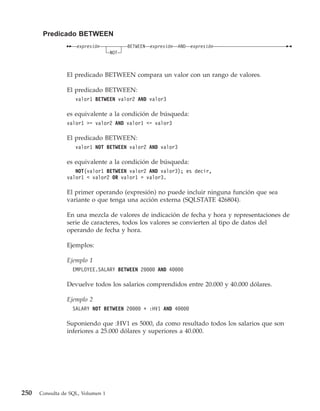 Predicado BETWEEN
                    expresión            BETWEEN   expresión   AND   expresión
                                   NOT



                El predicado BETWEEN compara un valor con un rango de valores.

                El predicado BETWEEN:
                    valor1 BETWEEN valor2 AND valor3

                es equivalente a la condición de búsqueda:
                valor1 >= valor2 AND valor1 <= valor3

                El predicado BETWEEN:
                    valor1 NOT BETWEEN valor2 AND valor3

                es equivalente a la condición de búsqueda:
                   NOT(valor1 BETWEEN valor2 AND valor3); es decir,
                valor1 < valor2 OR valor1 > valor3.

                El primer operando (expresión) no puede incluir ninguna función que sea
                variante o que tenga una acción externa (SQLSTATE 426804).

                En una mezcla de valores de indicación de fecha y hora y representaciones de
                serie de caracteres, todos los valores se convierten al tipo de datos del
                operando de fecha y hora.

                Ejemplos:

                Ejemplo 1
                   EMPLOYEE.SALARY BETWEEN 20000 AND 40000

                Devuelve todos los salarios comprendidos entre 20.000 y 40.000 dólares.

                Ejemplo 2
                   SALARY NOT BETWEEN 20000 + :HV1 AND 40000

                Suponiendo que :HV1 es 5000, da como resultado todos los salarios que son
                inferiores a 25.000 dólares y superiores a 40.000.




250   Consulta de SQL, Volumen 1
 