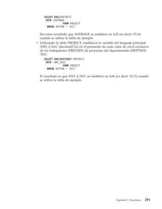 SELECT AVG(PRSTAFF)
      INTO :AVERAGE
                  FROM PROJECT
       WHERE DEPTNO = ’D11’

  Da como resultado que AVERAGE se establece en 4,25 (es decir 17/4)
  cuando se utiliza la tabla de ejemplo.
v Utilizando la tabla PROJECT, establezca la variable del lenguaje principal
  ANY_CALC (decimal(5,2)) en el promedio de cada valor de nivel exclusivo
  de los trabajadores (PRSTAFF) de proyectos del departamento (DEPTNO)
  ’D11’.
     SELECT AVG(DISTINCT PRSTAFF)
      INTO :ANY_CALC
                  FROM PROJECT
       WHERE DEPTNO = ’D11’

  El resultado es que ANY_CALC se establece en 4,66 (es decir 14/3) cuando
  se utiliza la tabla de ejemplo.




                                                      Capítulo 3. Funciones   291
 