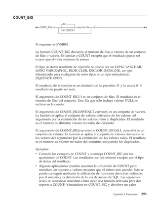 COUNT_BIG
                                   ALL
               COUNT_BIG   (                  expresión   )
                                   DISTINCT
                               *



            El esquema es SYSIBM.

            La función COUNT_BIG devuelve el número de filas o valores de un conjunto
            de filas o valores. Es similar a COUNT excepto que el resultado puede ser
            mayor que el valor máximo de entero.

            El tipo de datos resultante de expresión no puede ser un LONG VARCHAR,
            LONG VARGRAPHIC, BLOB, CLOB, DBCLOB, DATALINK, un tipo
            diferenciado para cualquiera de estos tipos ni un tipo estructurado
            (SQLSTATE 42907).

            El resultado de la función es un decimal con la precisión 31 y la escala 0. El
            resultado no puede ser nulo.

            El argumento de COUNT_BIG(*) es un conjunto de filas. El resultado es el
            número de filas del conjunto. Una fila que sólo incluye valores NULL se
            incluye en la cuenta.

            El argumento de COUNT_BIG(DISTINCT expresión) es un conjunto de valores.
            La función se aplica al conjunto de valores derivados de los valores del
            argumento por la eliminación de los valores nulos y duplicados. El resultado
            es el número de distintos valores no nulos del conjunto.

            El argumento de COUNT_BIG(expresión) o COUNT_BIG(ALL expresión) es un
            conjunto de valores. La función se aplica al conjunto de valores derivados de
            los valores del argumento por la eliminación de los valores nulos. El resultado
            es el número de valores no nulos del conjunto, incluyendo los duplicados.

            Ejemplos:
            v Consulte los ejemplos de COUNT y sustituya COUNT_BIG por las
              apariciones de COUNT. Los resultados son los mismos excepto por el tipo
              de datos del resultado.
            v Algunas aplicaciones pueden necesitar la utilización de COUNT pero
              necesitan dar soporte a valores mayores que el entero más grande. Esto se
              puede conseguir mediante la utilización de funciones derivadas definidas
              por el usuario y la definición de la vía de acceso de SQL. Las siguientes
              series de sentencias muestran cómo crear una función derivada para dar
              soporte a COUNT(*) basándose en COUNT_BIG y devolver un valor


                                                                    Capítulo 3. Funciones   295
 