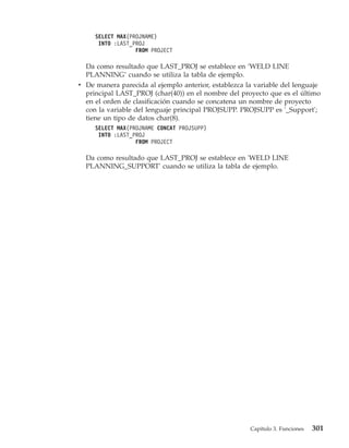 SELECT MAX(PROJNAME)
      INTO :LAST_PROJ
                  FROM PROJECT

  Da como resultado que LAST_PROJ se establece en ’WELD LINE
  PLANNING’ cuando se utiliza la tabla de ejemplo.
v De manera parecida al ejemplo anterior, establezca la variable del lenguaje
  principal LAST_PROJ (char(40)) en el nombre del proyecto que es el último
  en el orden de clasificación cuando se concatena un nombre de proyecto
  con la variable del lenguaje principal PROJSUPP. PROJSUPP es '_Support';
  tiene un tipo de datos char(8).
     SELECT MAX(PROJNAME CONCAT PROJSUPP)
      INTO :LAST_PROJ
                  FROM PROJECT

  Da como resultado que LAST_PROJ se establece en 'WELD LINE
  PLANNING_SUPPORT' cuando se utiliza la tabla de ejemplo.




                                                      Capítulo 3. Funciones   301
 