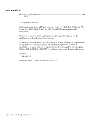ABS o ABSVAL
                      ABS          (   expresión   )
                      ABSVAL



                El esquema es SYSIBM.

                Esta función está disponible por primera vez en el FixPak 2 de la Versión 7.1.
                La versión SYSFUN de la función ABS (o ABSVAL) continúa estando
                disponible.

                Devuelve el valor absoluto del argumento. El argumento puede ser de
                cualquier tipo de datos numérico interno.

                El resultado tiene el mismo tipo de datos y el mismo atributo de longitud que
                el argumento. El resultado puede ser nulo; si el argumento es nulo, el
                resultado es el valor nulo. Si el argumento es el valor negativo máximo para
                SMALLINT, INTEGER o BIGINT, el resultado es un error de desbordamiento.

                Ejemplo:
                    ABS(-51234)

                devuelve un INTEGER con un valor de 51234.




312   Consulta de SQL, Volumen 1
 