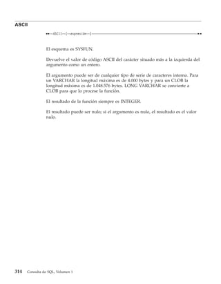 ASCII
                    ASCII   (   expresión   )



                El esquema es SYSFUN.

                Devuelve el valor de código ASCII del carácter situado más a la izquierda del
                argumento como un entero.

                El argumento puede ser de cualquier tipo de serie de caracteres interno. Para
                un VARCHAR la longitud máxima es de 4.000 bytes y para un CLOB la
                longitud máxima es de 1.048.576 bytes. LONG VARCHAR se convierte a
                CLOB para que lo procese la función.

                El resultado de la función siempre es INTEGER.

                El resultado puede ser nulo; si el argumento es nulo, el resultado es el valor
                nulo.




314   Consulta de SQL, Volumen 1
 