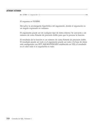 ATANH ATANH
                    ATANH   (   expresión   )



                El esquema es SYSIBM.

                Devuelve la arcotangente hiperbólica del argumento, donde el argumento es
                un ángulo expresado en radianes.

                El argumento puede ser de cualquier tipo de datos interno. Se convierte a un
                número de coma flotante de precisión doble para que lo procese la función.

                El resultado de la función es un número de coma flotante de precisión doble.
                El resultado puede ser nulo si el argumento puede ser nulo o la base de datos
                está configurada con DFT_SQLMATHWARN establecido en YES; el resultado
                es el valor nulo si el argumento es nulo.




318   Consulta de SQL, Volumen 1
 