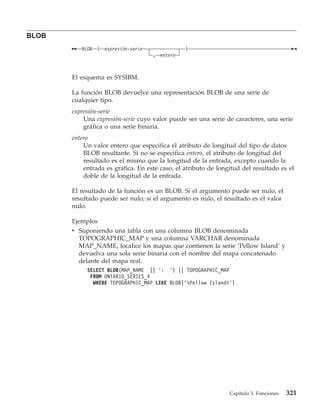 BLOB
          BLOB   (   expresión-serie                )
                                       ,   entero



       El esquema es SYSIBM.

       La función BLOB devuelve una representación BLOB de una serie de
       cualquier tipo.
       expresión-serie
           Una expresión-serie cuyo valor puede ser una serie de caracteres, una serie
           gráfica o una serie binaria.
       entero
           Un valor entero que especifica el atributo de longitud del tipo de datos
           BLOB resultante. Si no se especifica entero, el atributo de longitud del
           resultado es el mismo que la longitud de la entrada, excepto cuando la
           entrada es gráfica. En este caso, el atributo de longitud del resultado es el
           doble de la longitud de la entrada.

       El resultado de la función es un BLOB. Si el argumento puede ser nulo, el
       resultado puede ser nulo; si el argumento es nulo, el resultado es el valor
       nulo.

       Ejemplos
       v Suponiendo una tabla con una columna BLOB denominada
         TOPOGRAPHIC_MAP y una columna VARCHAR denominada
         MAP_NAME, localice los mapas que contienen la serie ’Pellow Island’ y
         devuelva una sola serie binaria con el nombre del mapa concatenado
         delante del mapa real.
            SELECT BLOB(MAP_NAME || ’: ’) || TOPOGRAPHIC_MAP
             FROM ONTARIO_SERIES_4
              WHERE TOPOGRAPHIC_MAP LIKE BLOB(’%Pellow Island%’)




                                                                Capítulo 3. Funciones   321
 