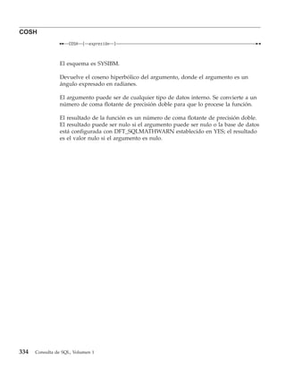COSH
                    COSH   (   expresión   )



                El esquema es SYSIBM.

                Devuelve el coseno hiperbólico del argumento, donde el argumento es un
                ángulo expresado en radianes.

                El argumento puede ser de cualquier tipo de datos interno. Se convierte a un
                número de coma flotante de precisión doble para que lo procese la función.

                El resultado de la función es un número de coma flotante de precisión doble.
                El resultado puede ser nulo si el argumento puede ser nulo o la base de datos
                está configurada con DFT_SQLMATHWARN establecido en YES; el resultado
                es el valor nulo si el argumento es nulo.




334   Consulta de SQL, Volumen 1
 