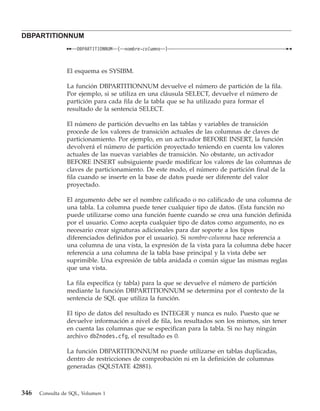 DBPARTITIONNUM
                    DBPARTITIONNUM   (   nombre-columna   )



                El esquema es SYSIBM.

                La función DBPARTITIONNUM devuelve el número de partición de la fila.
                Por ejemplo, si se utiliza en una cláusula SELECT, devuelve el número de
                partición para cada fila de la tabla que se ha utilizado para formar el
                resultado de la sentencia SELECT.

                El número de partición devuelto en las tablas y variables de transición
                procede de los valores de transición actuales de las columnas de claves de
                particionamiento. Por ejemplo, en un activador BEFORE INSERT, la función
                devolverá el número de partición proyectado teniendo en cuenta los valores
                actuales de las nuevas variables de transición. No obstante, un activador
                BEFORE INSERT subsiguiente puede modificar los valores de las columnas de
                claves de particionamiento. De este modo, el número de partición final de la
                fila cuando se inserte en la base de datos puede ser diferente del valor
                proyectado.

                El argumento debe ser el nombre calificado o no calificado de una columna de
                una tabla. La columna puede tener cualquier tipo de datos. (Esta función no
                puede utilizarse como una función fuente cuando se crea una función definida
                por el usuario. Como acepta cualquier tipo de datos como argumento, no es
                necesario crear signaturas adicionales para dar soporte a los tipos
                diferenciados definidos por el usuario). Si nombre-columna hace referencia a
                una columna de una vista, la expresión de la vista para la columna debe hacer
                referencia a una columna de la tabla base principal y la vista debe ser
                suprimible. Una expresión de tabla anidada o común sigue las mismas reglas
                que una vista.

                La fila específica (y tabla) para la que se devuelve el número de partición
                mediante la función DBPARTITIONNUM se determina por el contexto de la
                sentencia de SQL que utiliza la función.

                El tipo de datos del resultado es INTEGER y nunca es nulo. Puesto que se
                devuelve información a nivel de fila, los resultados son los mismos, sin tener
                en cuenta las columnas que se especifican para la tabla. Si no hay ningún
                archivo db2nodes.cfg, el resultado es 0.

                La función DBPARTITIONNUM no puede utilizarse en tablas duplicadas,
                dentro de restricciones de comprobación ni en la definición de columnas
                generadas (SQLSTATE 42881).



346   Consulta de SQL, Volumen 1
 