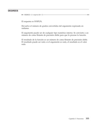 DEGREES
             DEGREES   (   expresión   )



          El esquema es SYSFUN.

          Devuelve el número de grados convertidos del argumento expresado en
          radianes.

          El argumento puede ser de cualquier tipo numérico interno. Se convierte a un
          número de coma flotante de precisión doble para que lo procese la función.

          El resultado de la función es un número de coma flotante de precisión doble.
          El resultado puede ser nulo; si el argumento es nulo, el resultado es el valor
          nulo.




                                                                 Capítulo 3. Funciones   355
 