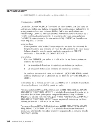 DLPREVIOUSCOPY
                    DLPREVIOUSCOPY   (   ubicación-datos   ,   tiene-símbolo   )



                El esquema es SYSIBM.

                La función DLPREVIOUSCOPY devuelve un valor DATALINK que tiene un
                atributo que indica que debería restaurarse la versión anterior del archivo. Si
                se asigna este valor a una columna DATALINK como resultado de una
                sentencia SQL UPDATE, provoca que DB2 restaure el archivo enlazado de la
                versión confirmada anteriormente. Si se asigna este valor a una columna
                DATALINK como resultado de una sentencia SQL INSERT, se devuelve un
                error (SQLSTATE 428D1).
                ubicación-datos
                    Una expresión VARCHAR(200) que especifica un serie de caracteres de
                    longitud variable que contiene un valor de URL completo. El valor puede
                    haberse obtenido anteriormente mediante una sentencia SELECT
                    utilizando la función DLURLCOMPLETEWRITE.
                tiene-símbolo
                     Un valor INTEGER que indica si la ubicación de los datos contiene un
                     símbolo de escritura.
                     0   La ubicación de los datos no contiene un símbolo de escritura.
                     1   La ubicación de los datos contiene un símbolo de escritura.

                     Se produce un error si el valor no es ni 0 ni 1 (SQLSTATE 42815), o si el
                     símbolo intercalado en la ubicación de los datos no es válido (SQLSTATE
                     428D1).

                El resultado de la función es un valor DATALINK sin el símbolo de escritura.
                Ni ubicación-datos ni tiene-símbolo puede ser nulo.

                Para una columna DATALINK definida con WRITE PERMISSION ADMIN
                REQUIRING TOKEN FOR UPDATE, el símbolo de escritura debe estar en la
                ubicación de los datos para que se complete la sentencia SQL UPDATE
                (SQLSTATE 428D1). Por otra parte, para WRITE PERMISSION ADMIN NOT
                REQUIRING TOKEN FOR UPDATE no se requiere el símbolo de escritura
                pero se permite en la ubicación de los datos.

                Para una columna DATALINK definida con WRITE PERMISSION ADMIN
                REQUIRING TOKEN FOR UPDATE, el símbolo de escritura debe ser el
                mismo que el utilizado para abrir el archivo especificado, si se había abierto
                (SQLSTATE 428D1).



364   Consulta de SQL, Volumen 1
 