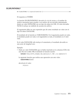 DLURLPATHONLY
            DLURLPATHONLY    (   expresión-datalink   )



         El esquema es SYSIBM.

         La función DLURLPATHONLY devuelve la vía de acceso y el nombre de
         archivo necesarios para acceder a un archivo de un servidor determinado
         desde un valor DATALINK con un tipo de enlace de URL. El valor devuelto
         NUNCA incluye un símbolo de accesos de archivo.

         El argumento debe ser una expresión que dé como resultado un valor con el
         tipo de datos DATALINK.

         El resultado de la función es VARCHAR(254). Si el argumento puede ser nulo,
         el resultado puede ser nulo; si el argumento es nulo, el resultado es el valor
         nulo.

         Si el valor DATALINK sólo incluye el comentario, el resultado devuelto es
         una serie de longitud cero.

         Ejemplo:
         v Dado un valor DATALINK que se había insertado en la columna COLA de
           una fila de la tabla TBLA mediante la función escalar:
                DLVALUE(’http://dlfs.almaden.ibm.com/x/y/a.b’,’URL’,’un comentario’)

           la siguiente función que realiza una operación con este valor:
                DLURLPATHONLY(COLA)

           devolverá el valor:
                  /x/y/a.b




                                                                  Capítulo 3. Funciones   373
 