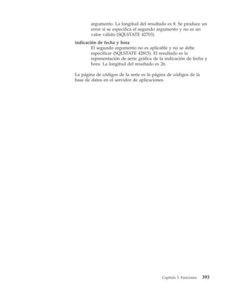 argumento. La longitud del resultado es 8. Se produce un
        error si se especifica el segundo argumento y no es un
        valor válido (SQLSTATE 42703).
indicación de fecha y hora
        El segundo argumento no es aplicable y no se debe
        especificar (SQLSTATE 42815). El resultado es la
        representación de serie gráfica de la indicación de fecha y
        hora. La longitud del resultado es 26.

La página de códigos de la serie es la página de códigos de la
base de datos en el servidor de aplicaciones.




                                            Capítulo 3. Funciones   393
 