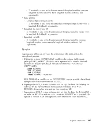 - El resultado es una serie de caracteres de longitud variable con una
       longitud máxima el doble de la longitud máxima definida del
       argumento.
v Serie gráfica
  – Longitud fija no mayor que 63
     - El resultado es una serie de caracteres de longitud fija cuatro veces la
       longitud definida del argumento.
v Longitud fija mayor que 63
  – El resultado es una serie de caracteres de longitud variable cuatro veces
    la longitud definida del argumento.
v Longitud variable
  – El resultado es una serie de caracteres de longitud variable con una
    longitud máxima cuatro veces la longitud máxima definida del
    argumento.

Ejemplos:

Suponga que utiliza un servidor de aplicaciones DB2 para AIX en los
ejemplos siguientes.
v Utilizando la tabla DEPARTMENT establezca la variable del lenguaje
   principal HEX_MGRNO (char(12)) en la representación hexadecimal del
   número del director (MGRNO) para el departamento ‘PLANNING’
   (DEPTNAME).
     SELECT HEX(MGRNO)
      INTO :HEX_MGRNO
      FROM DEPARTMENT
       WHERE DEPTNAME = ’PLANNING’

  HEX_MGRNO se establecerá en ’303030303230’ cuando se utilice la tabla de
  ejemplo (el valor de caracteres es ’000020’).
v Suponga que COL_1 es una columna con un tipo de datos de char(1) y un
  valor de 'B'. La representación hexadecimal de la letra 'B' es X'42'.
  HEX(COL_1) devuelve una serie de dos caracteres '42'.
v Suponga que COL_3 es una columna con un tipo de datos de decimal(6,2) y
  un valor de 40,1. Una serie de ocho caracteres '0004010C' es el resultado de
  aplicar la función HEX a la representación interna del valor decimal 40,1.




                                                        Capítulo 3. Funciones   397
 