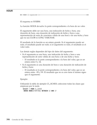 HOUR
                    HOUR   (   expresión   )



                El esquema es SYSIBM.

                La función HOUR devuelve la parte correspondiente a la hora de un valor.

                El argumento debe ser una hora, una indicación de fecha y hora, una
                duración de hora, una duración de indicación de fecha y hora o una
                representación de serie de caracteres válida de una hora o de una fecha y hora
                que no sea CLOB ni LONG VARCHAR.

                El resultado de la función es un entero grande. Si el argumento puede ser
                nulo, el resultado puede ser nulo; si el argumento es nulo, el resultado es el
                valor nulo.

                Las demás reglas dependen del tipo de datos del argumento:
                v Si el argumento es una hora, una indicación de fecha y hora o una
                  representación de serie válida de una hora o de una fecha y hora:
                  – El resultado es la parte correspondiente a la hora del valor, que es un
                     entero entre 0 y 24.
                v Si el argumento es una duración de hora o una duración de indicación de
                  fecha y hora:
                   – El resultado es la parte correspondiente a la hora del valor, que es un
                     entero entre −99 y 99. El resultado que no es cero tiene el mismo signo
                     que el argumento.

                Ejemplo:

                Utilizando la tabla de ejemplo CL_SCHED, seleccione todas las clases que
                empiezan por la tarde.
                    SELECT * FROM CL_SCHED
                     WHERE HOUR(STARTING) BETWEEN 12 AND 17




398   Consulta de SQL, Volumen 1
 