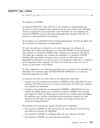 IDENTITY_VAL_LOCAL
             IDENTITY_VAL_LOCAL   (   )



          El esquema es SYSIBM.

          La función IDENTITY_VAL_LOCAL es una función no determinista que
          devuelve el valor asignado más recientemente de una columna de identidad,
          donde la asignación se ha producido como resultado de una sentencia de
          inserción (INSERT) de fila individual utilizando una cláusula VALUES. La
          función no tiene parámetros de entrada.

          El resultado es un DECIMAL(31,0), independientemente del tipo de datos real
          de la columna de identidad correspondiente.

          El valor devuelto por la función es el valor asignado a la columna de
          identidad de la tabla identificada en la sentencia INSERT de fila individual
          más reciente. La sentencia INSERT debe contener una cláusula VALUES en
          una tabla que contenga una columna de identidad. La sentencia INSERT
          también debe ejecutarse al mismo nivel; es decir, el valor debe estar
          disponible localmente en el nivel al que se ha asignado, hasta que se sustituya
          por el siguiente valor asignado. (Se inicia un nivel nuevo cada vez que se
          invoca un activador o una rutina).

          El valor asignado es un valor proporcionado por el usuario (si la columna de
          identidad está definida como GENERATED BY DEFAULT) o un valor de
          identidad generado por DB2.

          La función devuelve un valor nulo en las situaciones siguientes:
          v Cuando no se ha emitido una sentencia INSERT de fila individual con una
            cláusula VALUES en el nivel de proceso actual para una tabla que contiene
            una columna de identidad.
          v Cuando se ha producido una operación COMMIT o ROLLBACK de una
            unidad de trabajo desde que se emitió la sentencia INSERT más reciente
            que asignó un valor. (A menos que se desactive la confirmación automática,
            las interfaces que realizan confirmaciones automáticas después de cada
            sentencia devolverán un valor nulo cuando se invoque la función en
            sentencias independientes).

          El resultado de la función no queda afectado por lo siguiente:
          v Una sentencia INSERT de fila individual con una cláusula VALUES para
             una tabla sin columna de identidad.
          v Una sentencia INSERT de múltiples filas con una cláusula VALUES.
          v Una sentencia INSERT con una selección completa.

                                                                 Capítulo 3. Funciones   399
 