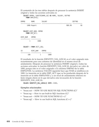 El contenido de las tres tablas después de procesar la sentencia INSERT
                original y todas las acciones activadas es:
                    SELECT EMPNO, SUBSTR(NAME,10) AS NAME, SALARY, DEPTNO
                       FROM EMPLOYEE;

                EMPNO       NAME        SALARY                             DEPTNO
                ----------- ----------- ---------------------------------- -----------
                       1000 Rupert                                  989.99          50


                    SELECT ACNT_NUM, EMPNO
                       FROM EMP_ACT;

                ACNT_NUM    EMPNO
                ----------- -----------
                          1        1000


                    SELECT * FROM ACCT_LOG;

                ID          ACNT_NUM    EMPNO
                ----------- ----------- -----------
                        100           1        1000

                El resultado de la función IDENTITY_VAL_LOCAL es el valor asignado más
                recientemente para una columna de identidad en el mismo nivel de
                anidamiento. Después de procesar la sentencia INSERT original y todas las
                acciones activadas, la función IDENTITY_VAL_LOCAL devuelve un valor de
                1000, porque éste es el valor asignado a la columna EMPNO de la tabla
                EMPLOYEE. La sentencia VALUES siguiente hace que IVAR se establezca en
                1000. La inserción en la tabla EMP_ACT (que se ha producido después de la
                inserción en la tabla EMPLOYEE y a un nivel de anidamiento inferior) no
                tiene ningún efecto en lo que devuelve esta invocación de la función
                IDENTITY_VAL_LOCAL.
                    VALUES IDENTITY_VAL_LOCAL() INTO :IVAR;

                Ejemplos relacionados:
                v “fnuse.out -- HOW TO USE BUILT-IN SQL FUNCTIONS (C)”
                v “fnuse.sqc -- How to use built-in SQL functions (C)”
                v “fnuse.out -- HOW TO USE FUNCTIONS (C++)”
                v “fnuse.sqC -- How to use built-in SQL functions (C++)”




404   Consulta de SQL, Volumen 1
 