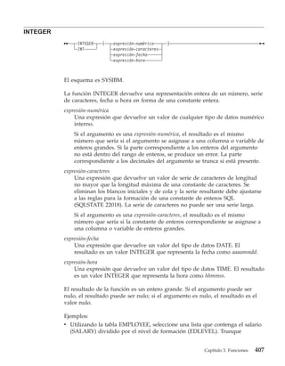 INTEGER
               INTEGER   (    expresión-numérica     )
               INT            expresión-caracteres
                              expresión-fecha
                              expresión-hora



          El esquema es SYSIBM.

          La función INTEGER devuelve una representación entera de un número, serie
          de caracteres, fecha u hora en forma de una constante entera.
          expresión-numérica
              Una expresión que devuelve un valor de cualquier tipo de datos numérico
              interno.
              Si el argumento es una expresión-numérica, el resultado es el mismo
              número que sería si el argumento se asignase a una columna o variable de
              enteros grandes. Si la parte correspondiente a los enteros del argumento
              no está dentro del rango de enteros, se produce un error. La parte
              correspondiente a los decimales del argumento se trunca si está presente.
          expresión-caracteres
              Una expresión que devuelve un valor de serie de caracteres de longitud
              no mayor que la longitud máxima de una constante de caracteres. Se
              eliminan los blancos iniciales y de cola y la serie resultante debe ajustarse
              a las reglas para la formación de una constante de enteros SQL
              (SQLSTATE 22018). La serie de caracteres no puede ser una serie larga.
              Si el argumento es una expresión-caracteres, el resultado es el mismo
              número que sería si la constante de enteros correspondiente se asignase a
              una columna o variable de enteros grandes.
          expresión-fecha
              Una expresión que devuelve un valor del tipo de datos DATE. El
              resultado es un valor INTEGER que representa la fecha como aaaammdd.
          expresión-hora
              Una expresión que devuelve un valor del tipo de datos TIME. El resultado
              es un valor INTEGER que representa la hora como hhmmss.

          El resultado de la función es un entero grande. Si el argumento puede ser
          nulo, el resultado puede ser nulo; si el argumento es nulo, el resultado es el
          valor nulo.

          Ejemplos:
          v Utilizando la tabla EMPLOYEE, seleccione una lista que contenga el salario
            (SALARY) dividido por el nivel de formación (EDLEVEL). Trunque


                                                                   Capítulo 3. Funciones   407
 